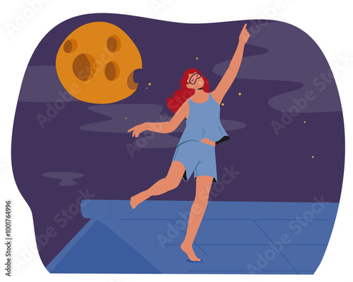 Cartoon Woman Is Sleepwalking On A Rooftop Under The Glow Of A Full Moon. Her Eyes Are Closed, Vector Illustration