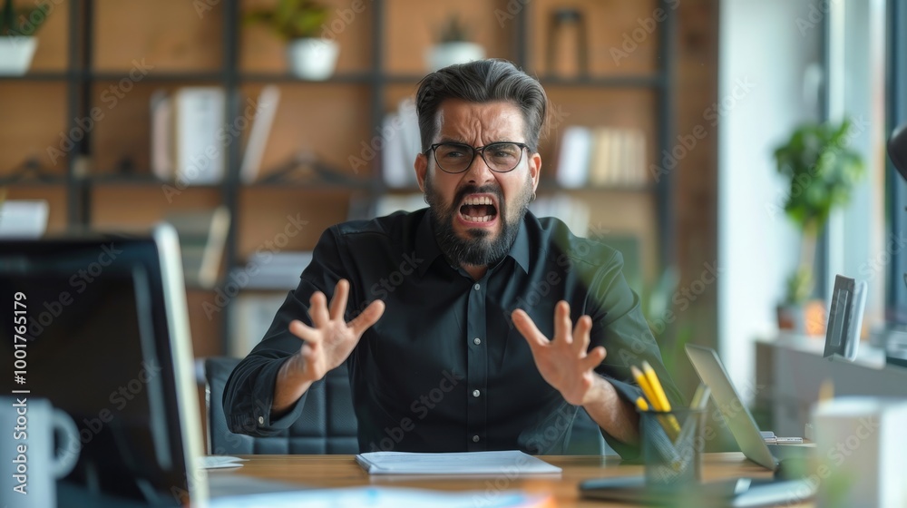 Fototapeta premium A man with a beard is sitting at his desk, yelling and looking very angry. He seems to be frustrated about something.