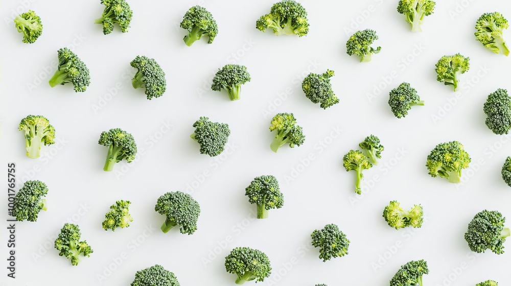 Broccoli Pattern White Background Flat Lay Minimalism Broccoli Pattern White Background Flat Lay Minimalism
