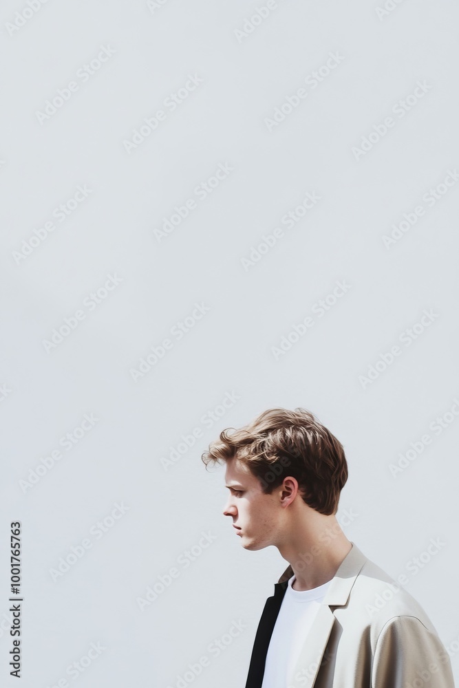 A Thoughtful Young Man Posed in a Minimalist Setting That Emphasizes Artistic Details A Thoughtful Young Man Posed in a Minimalist Setting That Emphasizes Artistic Details
