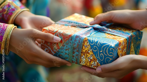 Hands Exchanging a Beautiful Gift Wrapped in Bright Colors