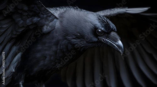  a close-up of a black raven with its wings partially spread. The raven's feathers are glossy and dark, with subtle highlights reflecting light. Its beak is pointed and slightly open, and its eye is s photo