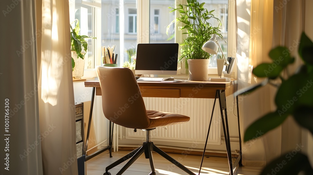 Cozy Workspace Corner with Natural Light and Plants Cozy Workspace Corner with Natural Light and Plants