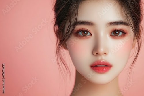 Close-up portrait of young Asian beautiful woman with K-beauty make up style and healthy and perfect skin isolated on beige background for skincare commercial product advertising. with generative ai