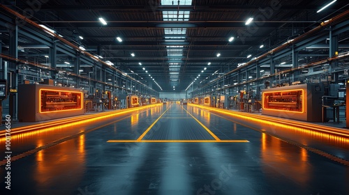 Modern industrial warehouse illuminated with orange lights showcases advanced technology and spacious design during nighttime operations