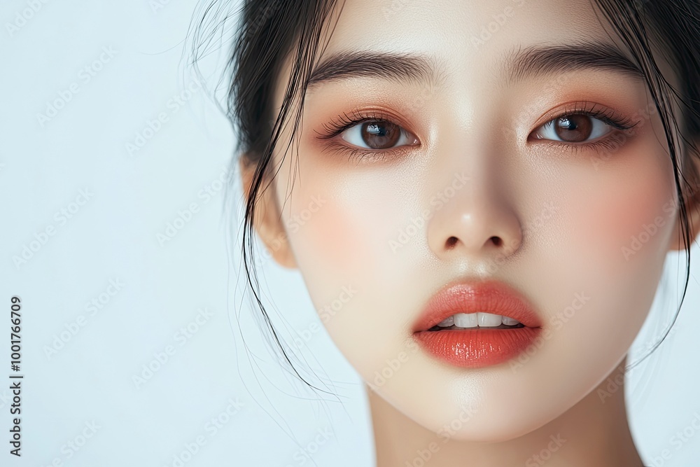 Close-up portrait of young Asian beautiful woman with K-beauty make up style and healthy and perfect skin isolated on beige background for skincare commercial product advertising. with generative ai Close-up portrait of young Asian beautiful woman with K-beauty make up style and healthy and perfect skin isolated on beige background for skincare commercial product advertising. with generative ai