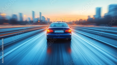 Blurred motion shot of a blue car speeding down a highway at dusk creating a sense of speed and dynamic motion on the open road