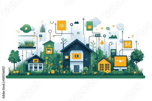 A colorful and stylized illustration of a neighborhood with various houses and buildings connected by lines, representing interconnectedness and technology.