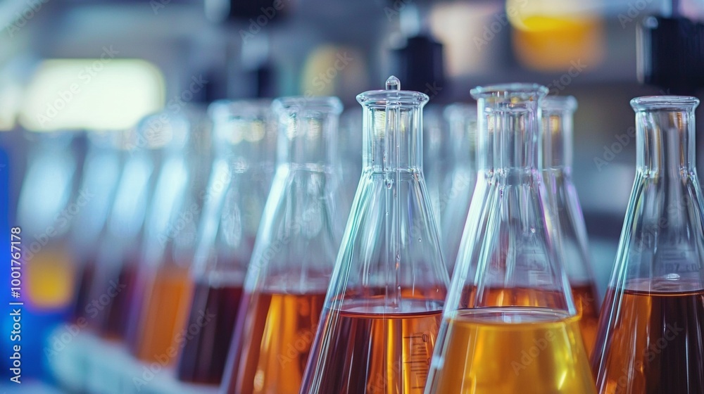 Row of glass flasks with colorful liquids in laboratory Row of glass flasks with colorful liquids in laboratory
