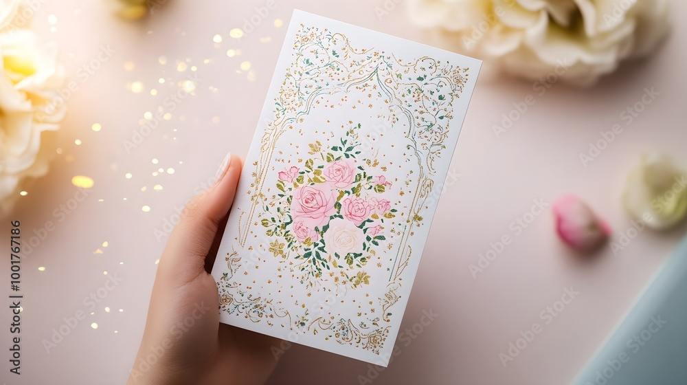 Decorative Hand-Held Card with Floral Design Decorative Hand-Held Card with Floral Design