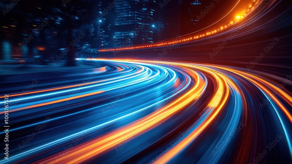 High-speed road with light trails on a dark background, using a blue and orange colors High-speed road with light trails on a dark background, using a blue and orange colors