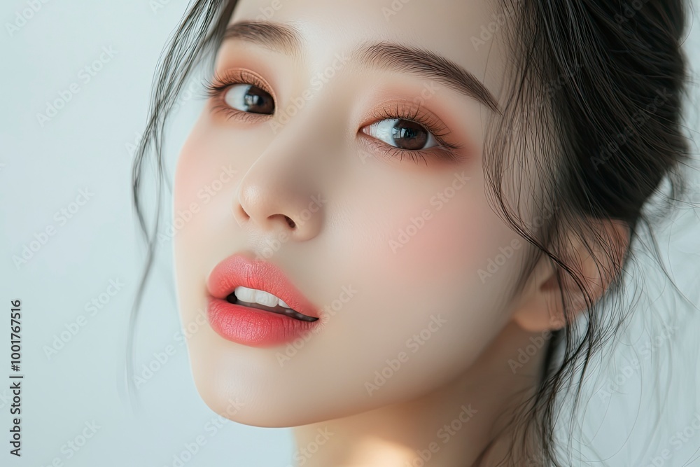 Close-up portrait of young Asian beautiful woman with K-beauty make up style and healthy and perfect skin isolated on beige background for skincare commercial product advertising. with generative ai Close-up portrait of young Asian beautiful woman with K-beauty make up style and healthy and perfect skin isolated on beige background for skincare commercial product advertising. with generative ai