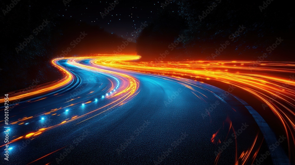 High-speed road with light trails on a dark background, using a blue and orange colors High-speed road with light trails on a dark background, using a blue and orange colors