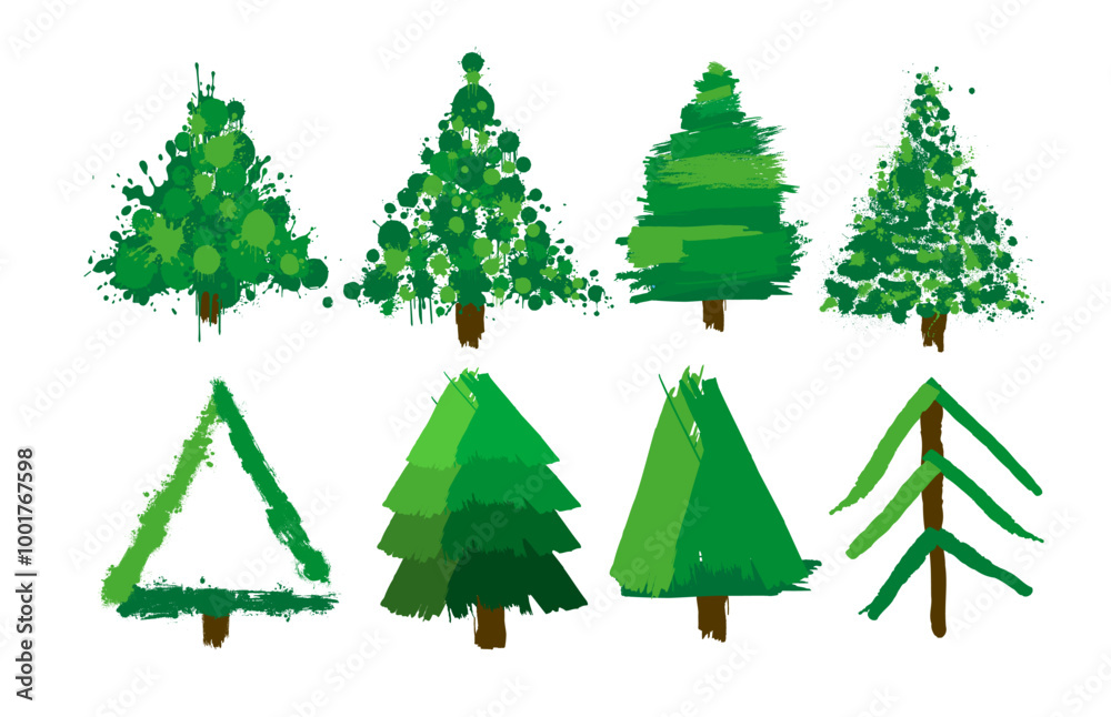 Fototapeta premium Set of Christmas trees from paint blots. hand drawing. Not AI, Vector illustrations.