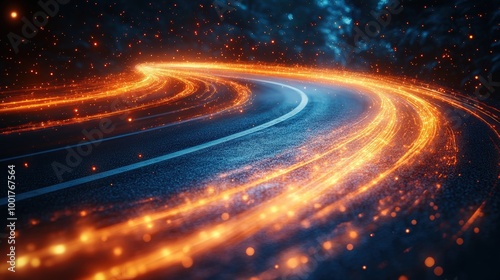 High-speed road with light trails on a dark background, using a blue and orange colors