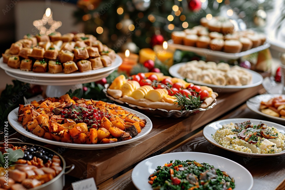 An inviting table displays a variety of seasonal dishes, including roasted vegetables, salads, and pastries, surrounded by holiday decorations and warm lighting, creating a festive atmosphere An inviting table displays a variety of seasonal dishes, including roasted vegetables, salads, and pastries, surrounded by holiday decorations and warm lighting, creating a festive atmosphere