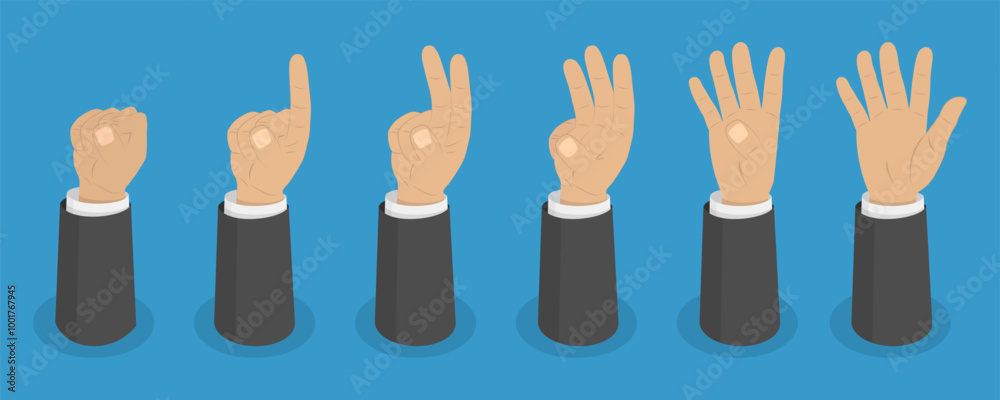 3D Isometric Flat Vector Set of Human Hands Gestures, Counting Numbers from Zero to Five 3D Isometric Flat Vector Set of Human Hands Gestures, Counting Numbers from Zero to Five