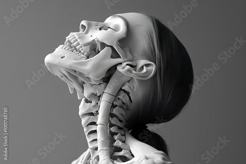 woman skeleton neck render, neck anatomy visualization