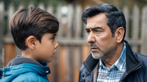 A young boy and an older man with serious expressions look at each other. The man has gray hair and a beard and the boy has brown hair.