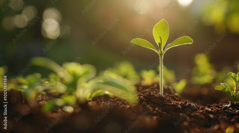 A single green sprout reaches towards the sun in a field of new growth.
