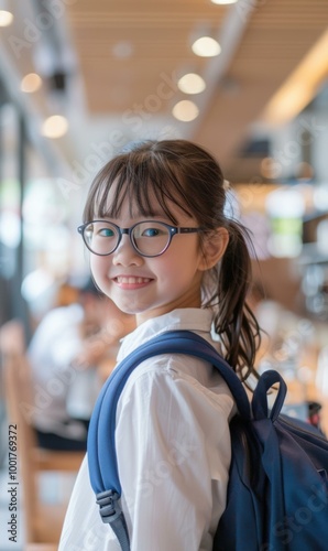 A young girl with glasses smiles while wearing a backpack. AI.