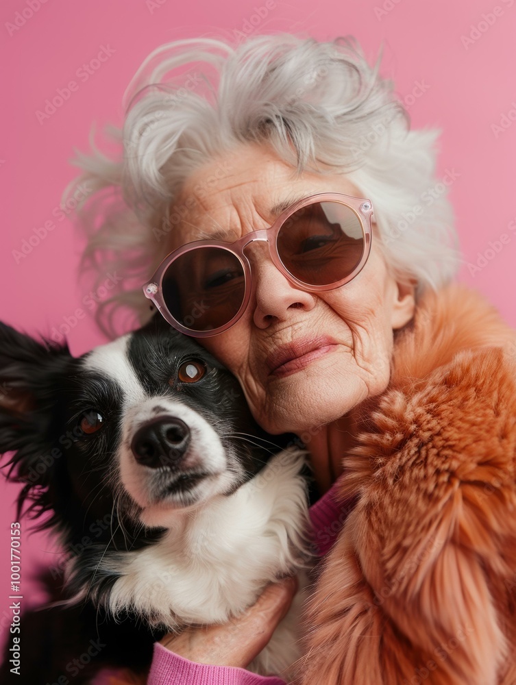Φωτογραφία A woman in sunglasses and a fur coat holds a dog close. AI.