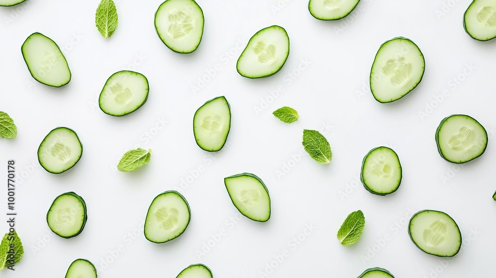 Cucumber and Mint Pattern Sliced Cucumber Fresh Greens White Background Cucumber and Mint Pattern Sliced Cucumber Fresh Greens White Background