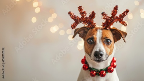 A dog wearing a reindeer headband and a Christmas collar. AI.