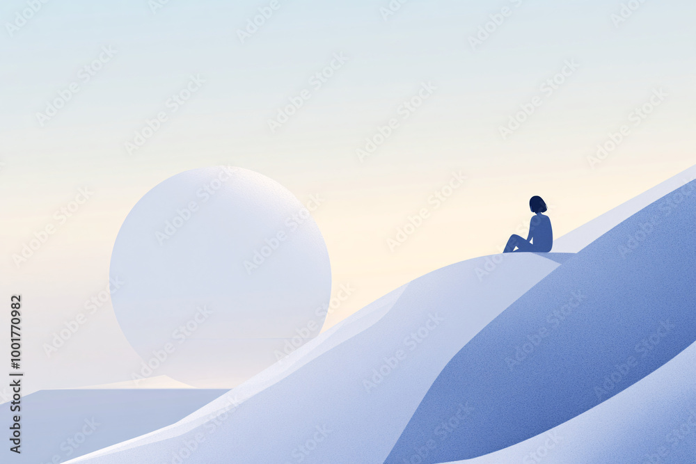 Obraz premium A minimalist illustration of a person sitting alone on a snowy hill with a large white sun in the background creating a serene landscape 