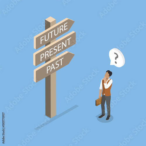 3D Isometric Flat Vector Illustration of Choose Journey Direction, Man With Signpost Choosing Past, Present, Or Future Course