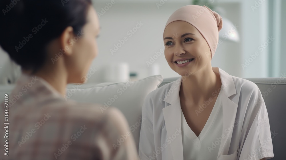 An oncology patient wearing a headscarf shares a warm, genuine smile with a doctor, showcasing hope and positivity during a consultation. An oncology patient wearing a headscarf shares a warm, genuine smile with a doctor, showcasing hope and positivity during a consultation.
