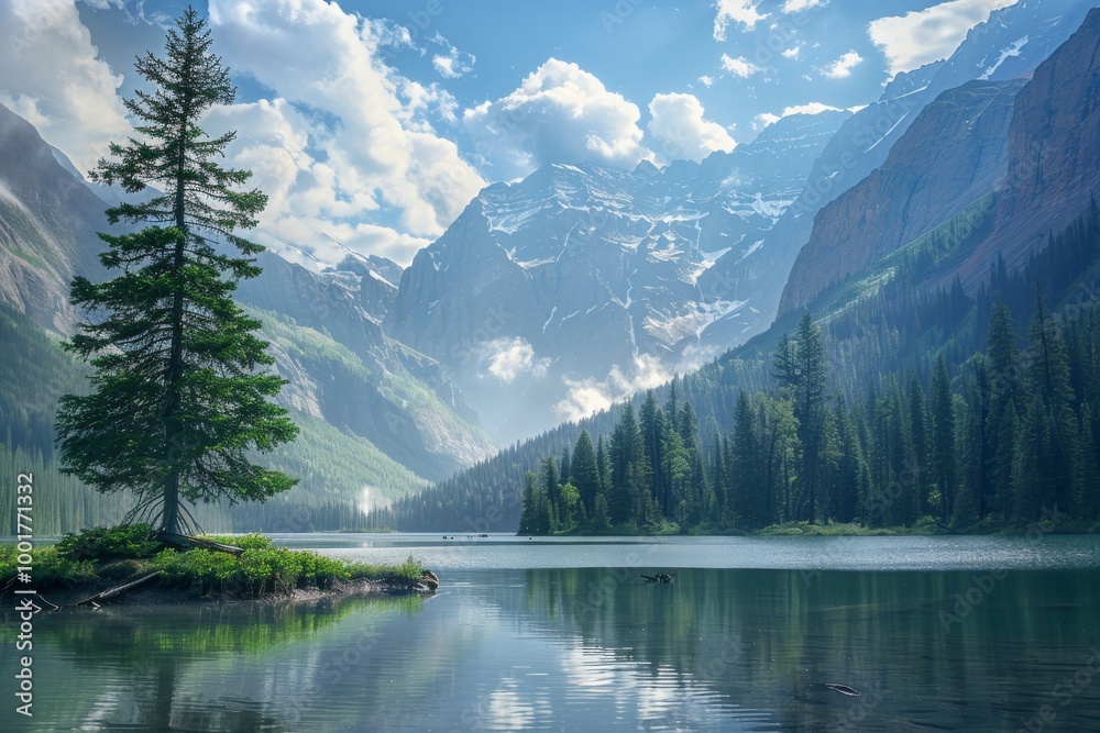 A single pine tree stands tall on a small island in a serene mountain lake, surrounded by towering peaks and lush greenery. A single pine tree stands tall on a small island in a serene mountain lake, surrounded by towering peaks and lush greenery.