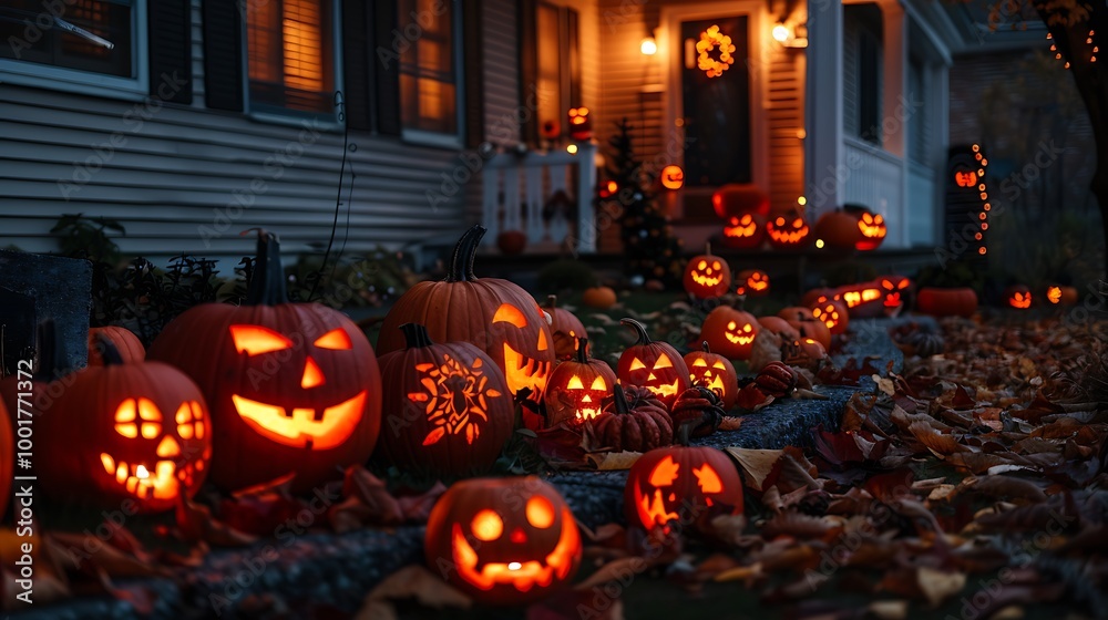 A row of Halloween pumpkins and lanterns arranged outside a house, with spooky seasonal decorations adorning the exterior. The pumpkins glow warmly in the night A row of Halloween pumpkins and lanterns arranged outside a house, with spooky seasonal decorations adorning the exterior. The pumpkins glow warmly in the night