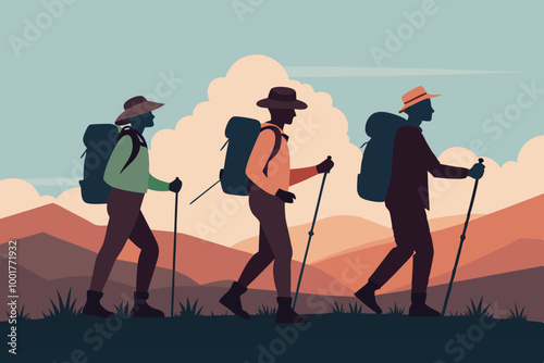 Silhouettes of three hikers walking side by side, each carrying large backpacks and using trekking poles. The first hiker wears a cap, the second a helmet, and the third a wide-brimmed hat.  photo