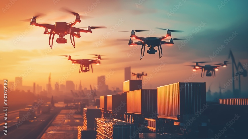 In a vibrant sunset sky autonomous drones work together to ensure efficient delivery logistics above a busy urban landscape filled with cargo containers. In a vibrant sunset sky autonomous drones work together to ensure efficient delivery logistics above a busy urban landscape filled with cargo containers.