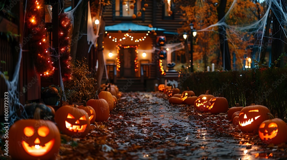 Obraz premium Halloween pumpkins and lanterns lining the path to a decorated house, with spooky wreaths, cobwebs, and glowing lights, perfect for a Halloween night scene filled with festive charm.
