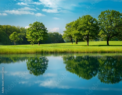 Idyllic Meadow Reflections: Trees and Water in a Rural Landscape