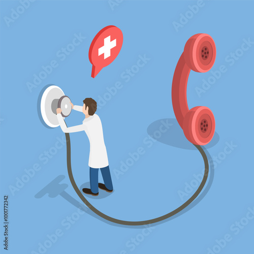 3D Isometric Flat Vector Illustration of Telehealth Service, Offering Remote Diagnosis And Consultation Through Telephone Or Online Conference