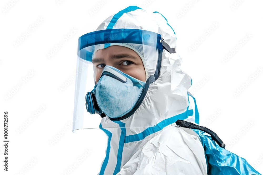 Man wearing medical grade protective clothing Including face masks, gloves and gowns. The background is pure white. Man wearing medical grade protective clothing Including face masks, gloves and gowns. The background is pure white.