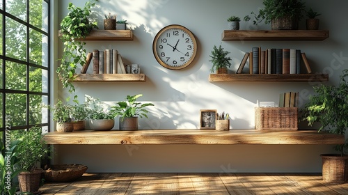 A minimalist office background with a plain white wall, a wooden desk, a minimalist clock