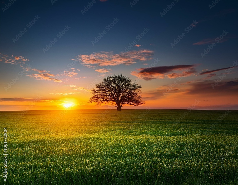 Fototapeta premium Dusk's Glow: Red Sunset and the Tenacity of a Lone Tree