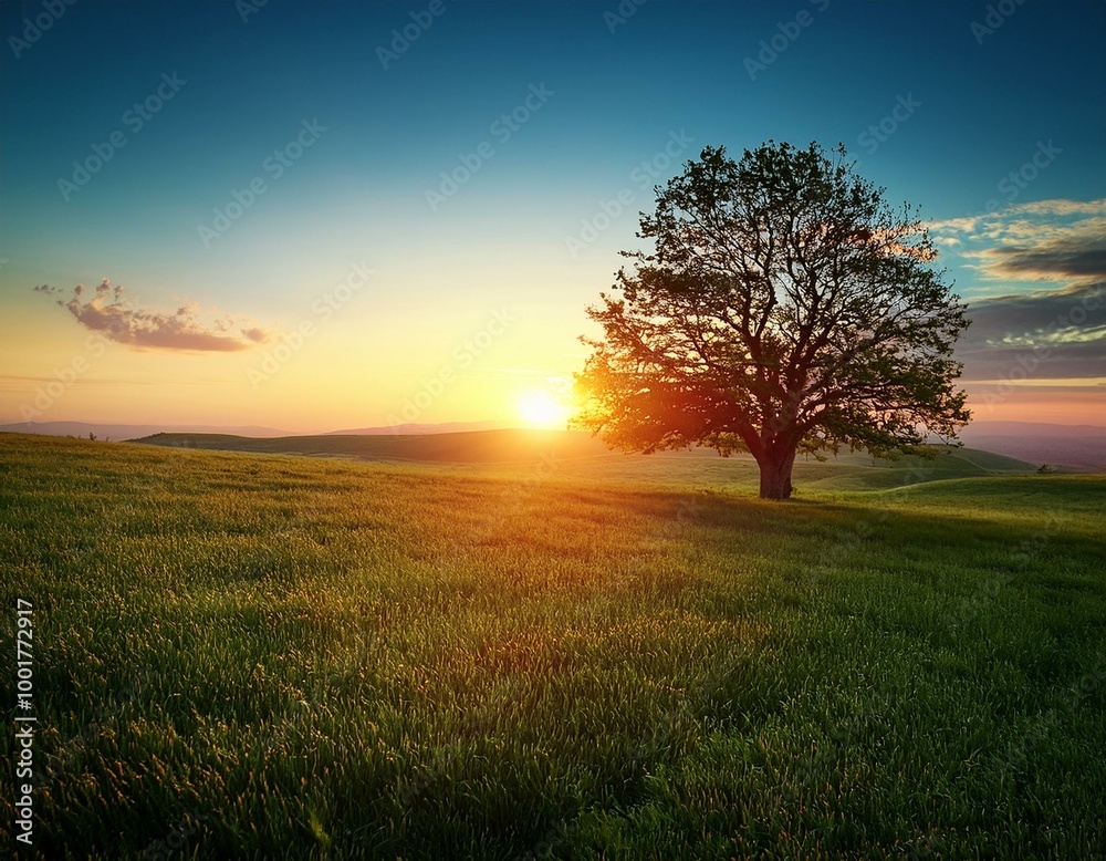 Resilient Shadows: A Red Sunset Over a Green Field and Enduring Tree Resilient Shadows: A Red Sunset Over a Green Field and Enduring Tree