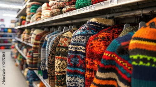 A variety of colorful sweaters hang on a rack in a retail store.