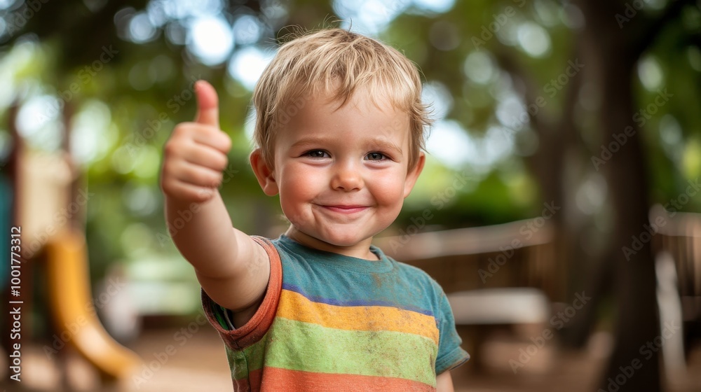 A young child with a big grin and a colorful t-shirt gives a thumbs up while playing at a playground, surrounded by greenery, capturing a joyful outdoor experience A young child with a big grin and a colorful t-shirt gives a thumbs up while playing at a playground, surrounded by greenery, capturing a joyful outdoor experience
