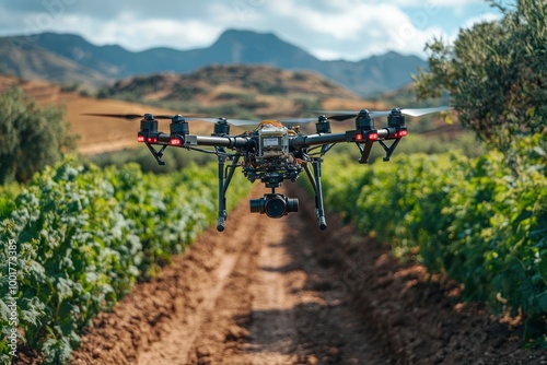 A black drone flying over a field of green plants with mountains in the background.