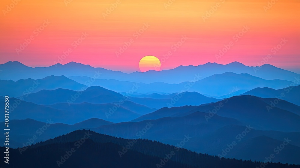 Fototapeta premium A vibrant sunset over a mountain range with layers of blue hues and a bright yellow sun.