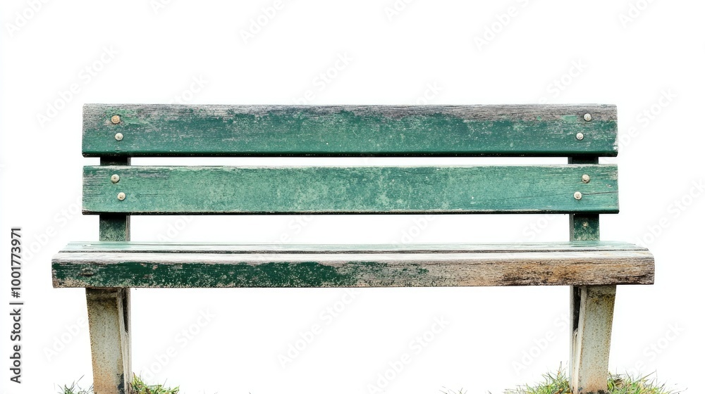 Fototapeta premium A weathered wooden bench with a green paint finish, isolated on a white background.