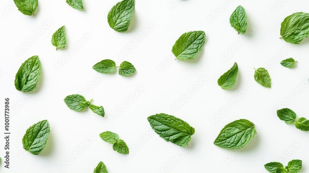 Fresh Mint Leaves Pattern on White Background Fresh Mint Leaves Pattern on White Background