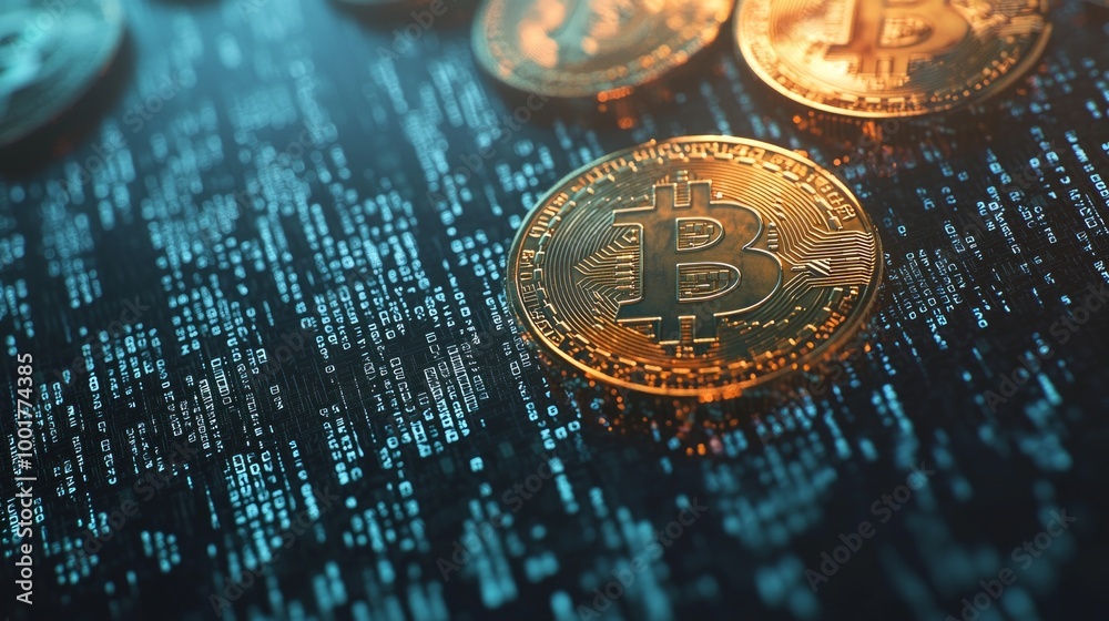 Coins featuring the Bitcoin symbol float serenely over a dynamic backdrop of binary code highlighting the digital currencys innovative essence in a visually striking manner. Coins featuring the Bitcoin symbol float serenely over a dynamic backdrop of binary code highlighting the digital currencys innovative essence in a visually striking manner.