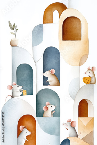 Obraz na płótnie Mäuse im modernen Haus – Aquarellkunst, Illustration für das Kinderzimmer w salonie